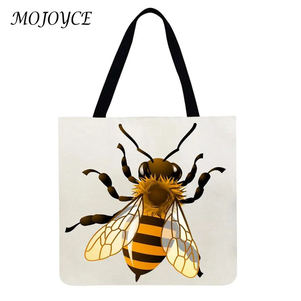 

Linen Shopping Bag Foldable Square Storage Bag Outdoor Travel Ladies Shopping Fashion Bee Pattern Printed Handbags