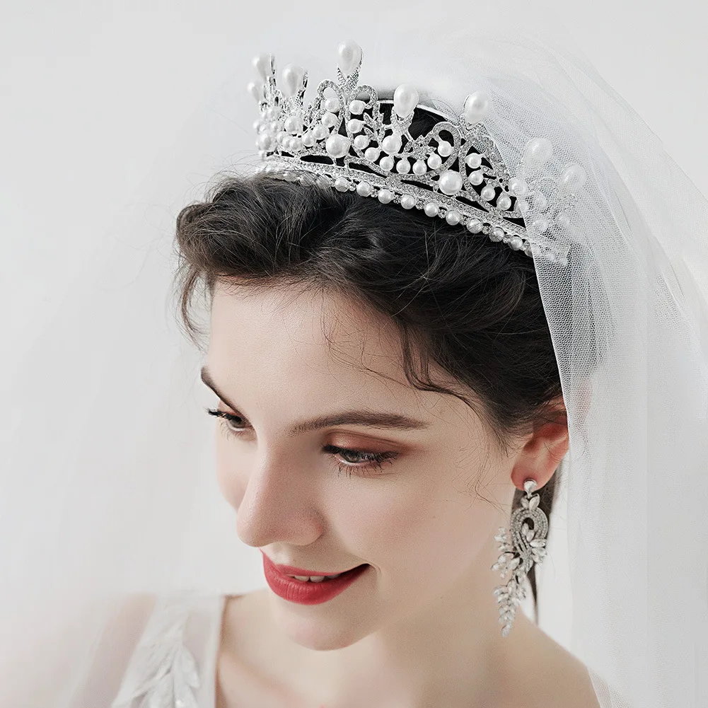 

Baroque Pearls Crystal Sliver Bridal Tiaras Crowns Women Rhinestone Pageant Prom Diadem Bride Headband Wedding Hair Accessories