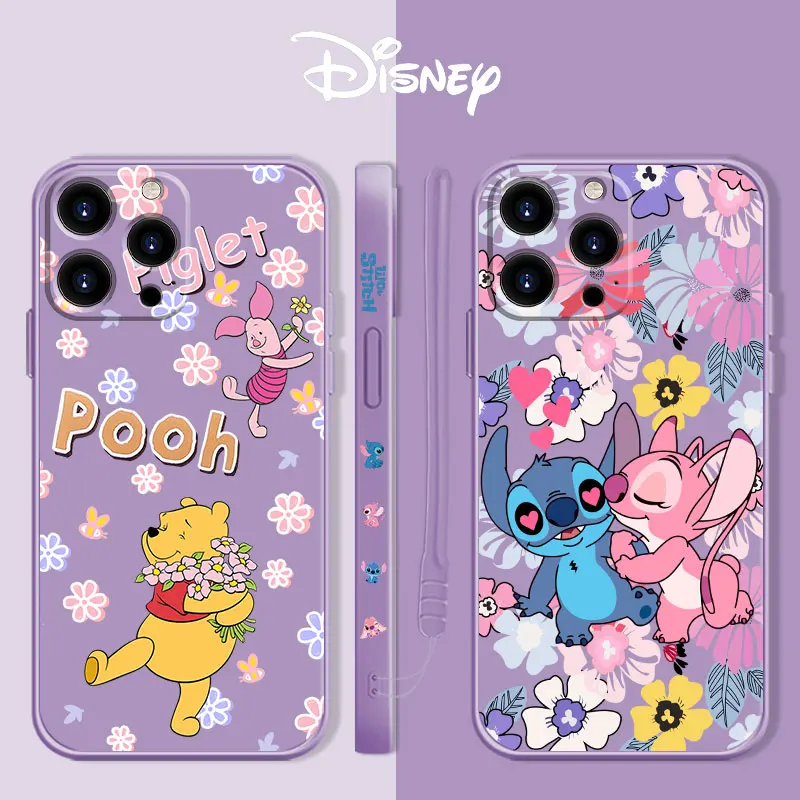 

Liquid Case for Apple iPhone 11 12 13 Pro Max XS 7 8 Plus SE 2020 12pro 7+ i11 Disney Lilo & Stitch Winnie Silicone Pink Phone