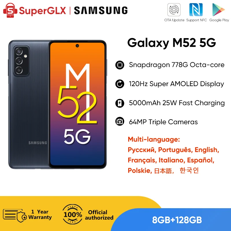 Original Samsung Galaxy M52 5G Smartphone Global Rom Snapdragon 778G 120Hz Super AMOLED Plus 5000mAh Battery 64MP Triple Cameras