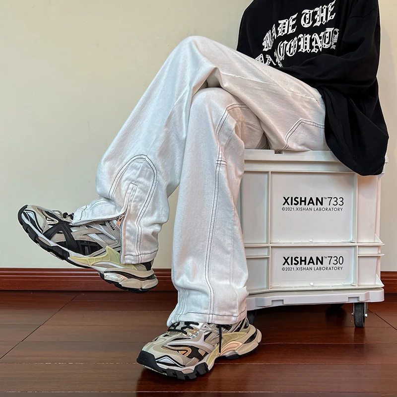 Black White Jeans Men Slim Fashion Casual Cotton Straight Jeans Men Streetwear Hip-hop Zipper Denim Pants Mens Trousers M-3XL