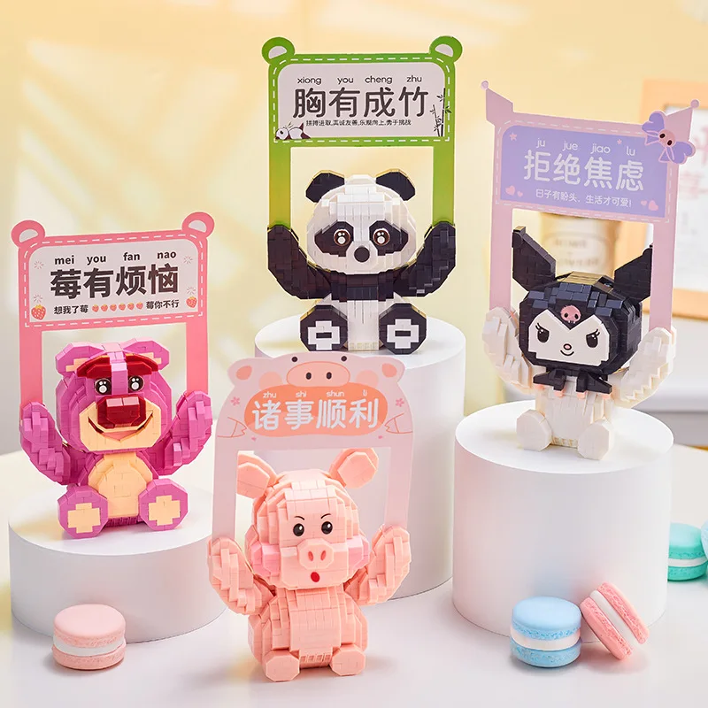 

Kawaii Raise A Sign Panda Diamond Building Blocks Disney Losto Mini Micro Brick Figures Cartoon Pig Rabbit Model Toys For Kids