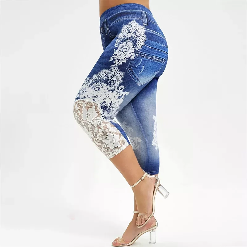 

2022New High Waist Lace Splicing Capri pants Leggings Skinny Mid-calf Seamless Jeggings Women Fitness Plus Size Elastic Trouers