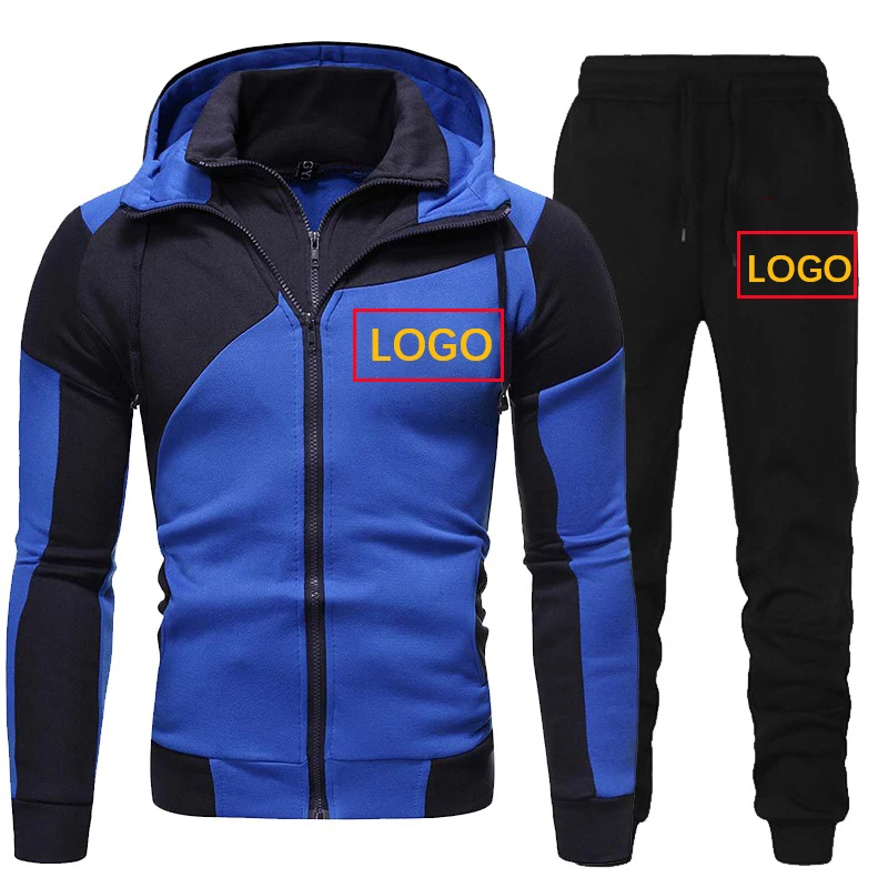 Custom LOGO Men Tracksuit Patchwork Zipper Hooded Jacket and Sweatpants Male Sportwear