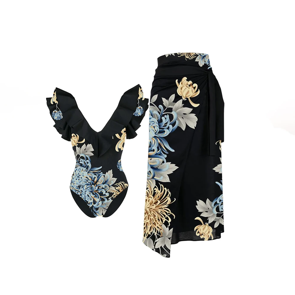 

VIntage Print Ruffle Swimsuit Women 2023 Sexy Deep-V Backless Bikini Cover Knee Skirts Off-Shoulder Beachwear Bathing Suits