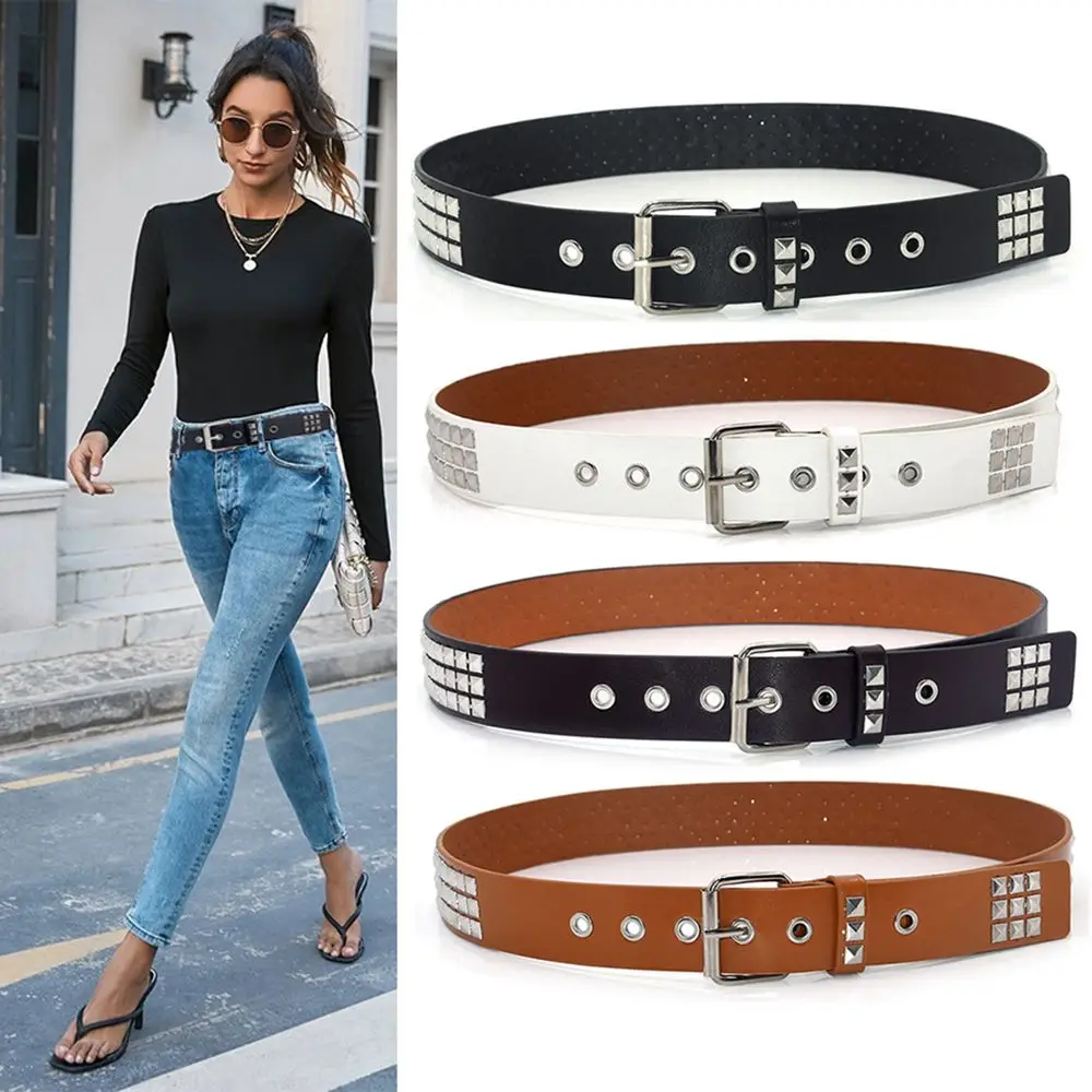 Punk Jeans Rivet Adjustable Square Beads PU Leather Waistband Studded Belt