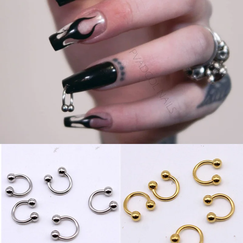 

10pcs/lot Metal Curve Nail Charms Piercing Design Ring Jewelry Hand Drill Punk Style Nails Art Decoration