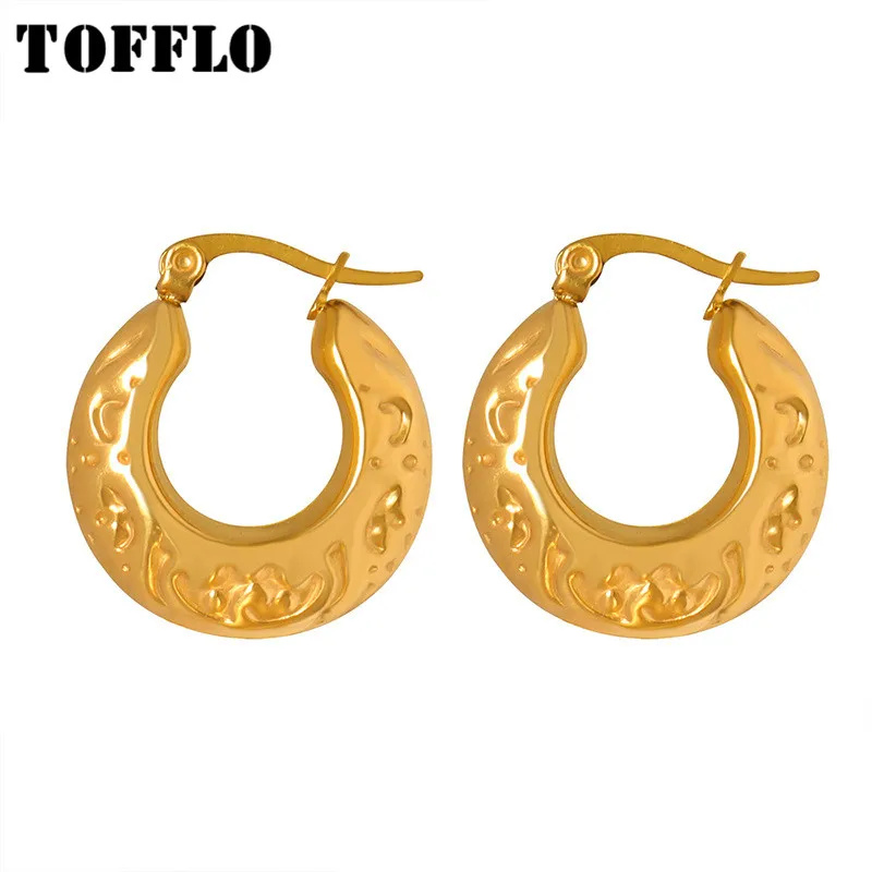 

TOFFLO Stainless Steel Jewelry Sculpted U-Shaped Embossed Earrings For Women's Fashion Earrings BSF776