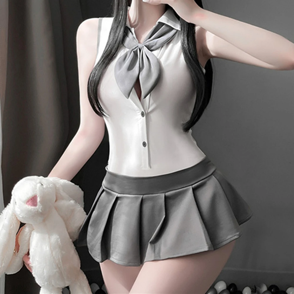 

Fun Lingerie Girl Pure Desire Sexy Temptation Academy Style JK Uniform Cross Backless Bodysuit Adhesive Short Skirt Set