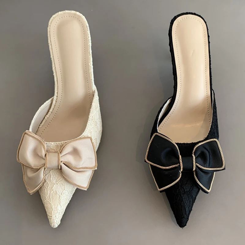 

Thin Heels Mules Slippers Women 2022 New Pointed Toe Butterfly-knot Shoes Fashion Female Casual Outdoor Slides Ladies Pumps