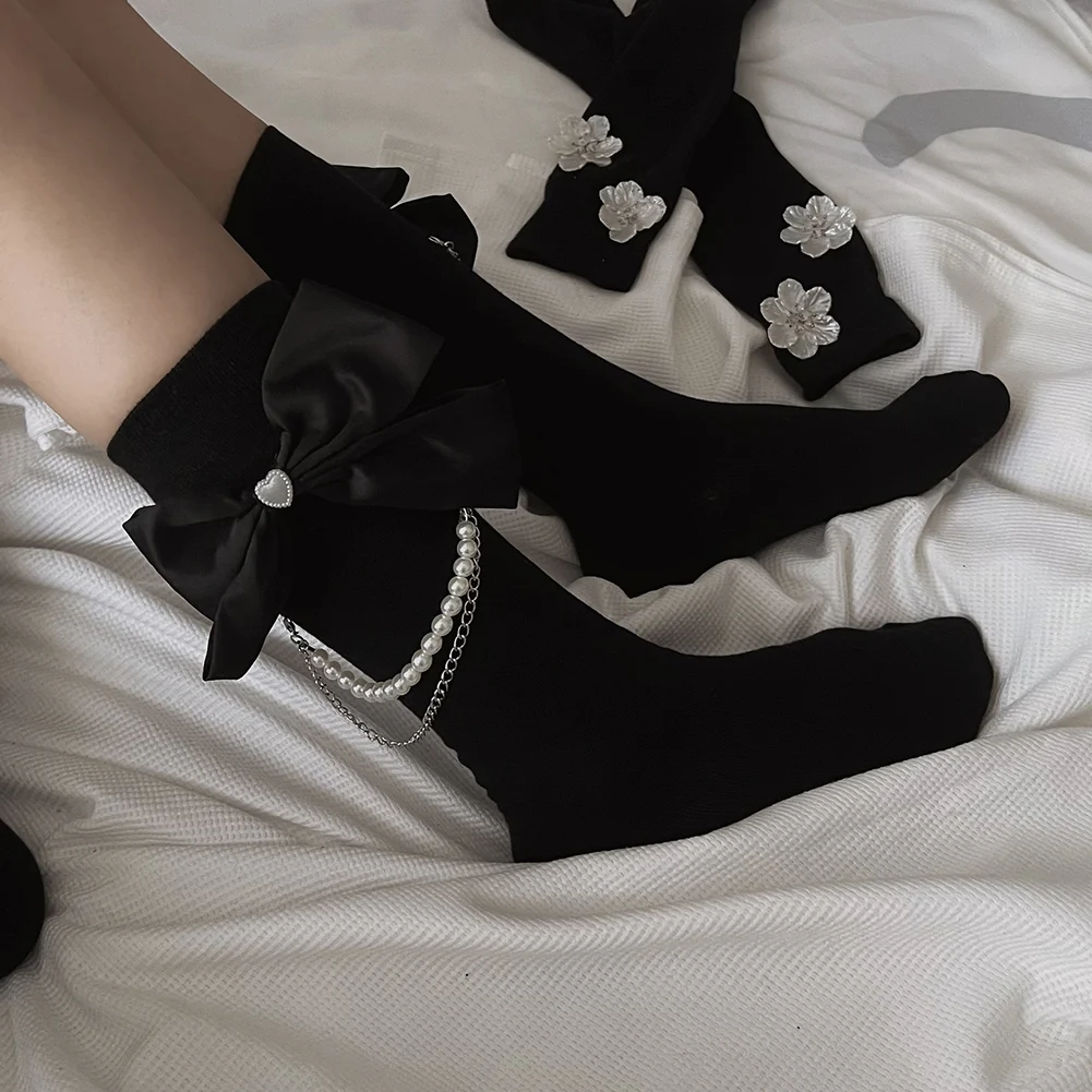 

Black Bow Pearl Chain Handmade Cute Socks Fashion Cotton Edge Socks Women Funny Long Socks Girls Sweet Flower Socks 1Pair