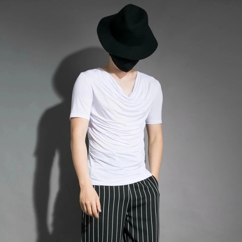 

Men's T-Shirt Summer Personality Singer Nightclub Clothing Hairstyle Designer Clothing Korean Shawl Collar Short Sleeve T-Shirt