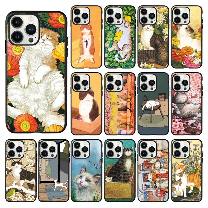 

Cartoon Cats Cat Phone Case for iPhone 14 13 12 11 Pro MAX X XS Max XR Mini SE 7 8 Plus Black Funda Coque Case