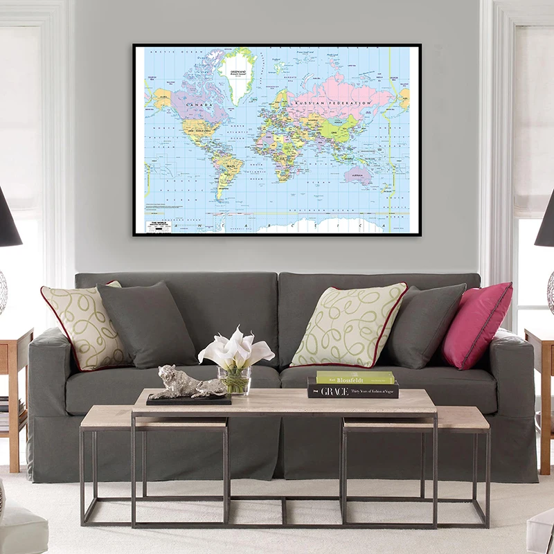 

84*59cm The World Map Unframed Canvas Painting Wall Art Poster Decorative Prints School Classroom Supplies Room Home Decor