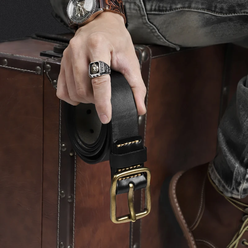 

100% Genuine Leather Men's Belt Handmade Cowhide Strap Brown Cow Leather Male Belt Pin Buckle Retro Jeans
