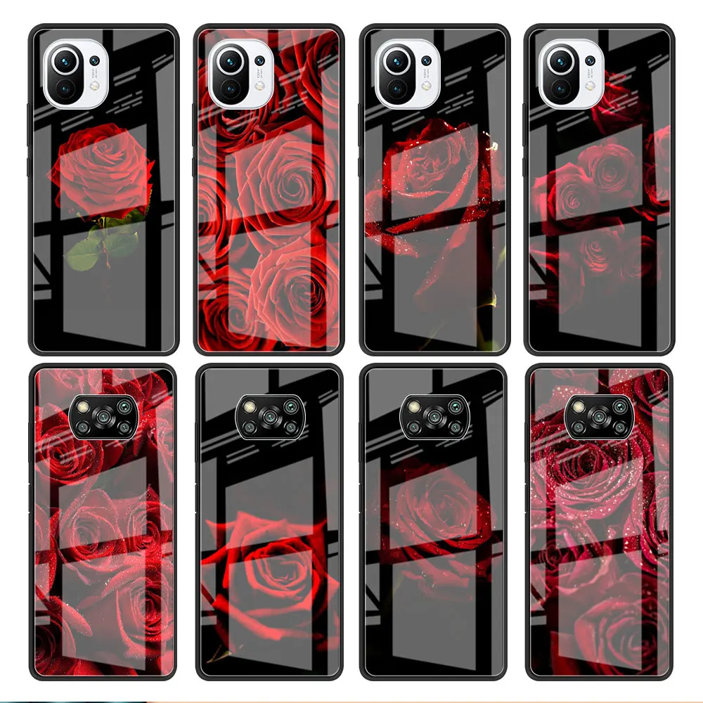 

Glass Case For Xiaomi Poco X3 NFC 11 Lite 11T F3 M3 For Redmi Note 11 10 9 8 Pro 10S 9S 9A Phone Cover Bright Red Rose Flowers