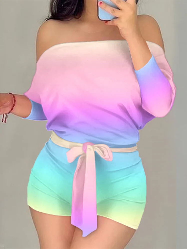 

Mandylandy женский элегантный летний комбинезон с градиентом, Модный женский комбинезон Y2K с открытыми плечами и длинным рукавом, шорты со шнуро...