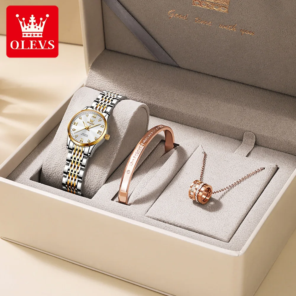 OLEVS 2023 New Womens Mechanical Watches Top Brand Luxury Stainless Steel Waterproof Automatic Wristwatch Bracelet Necklace Set