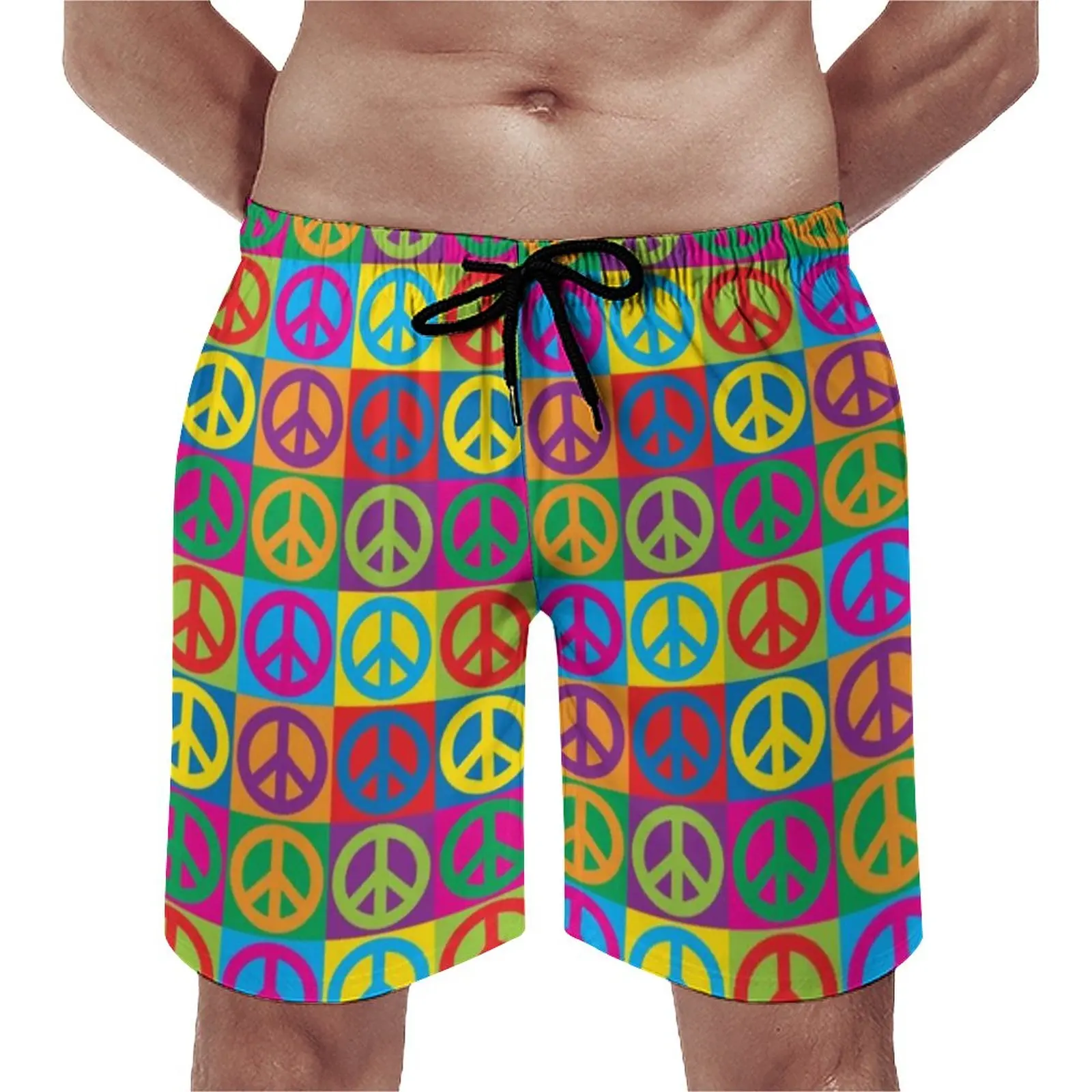 

Peace Symbols Board Shorts Colorful Pop Art Hawaii Beach Short Pants Males Custom Running Fast Dry Beach Trunks Gift Idea