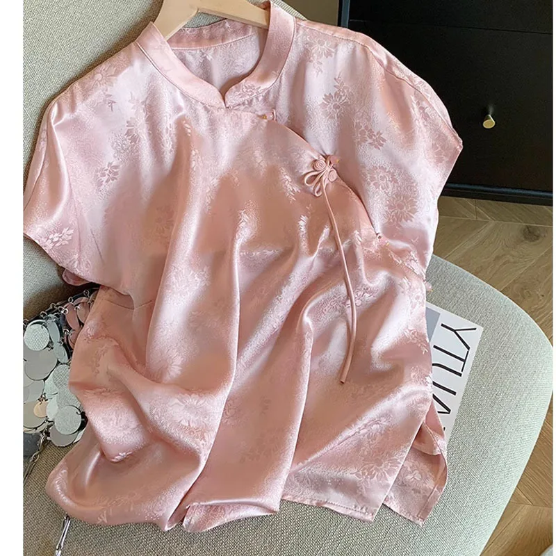 Розовый жаккардовый Cheongsam рубашка в китайском стиле топ Тан с короткими рукавами