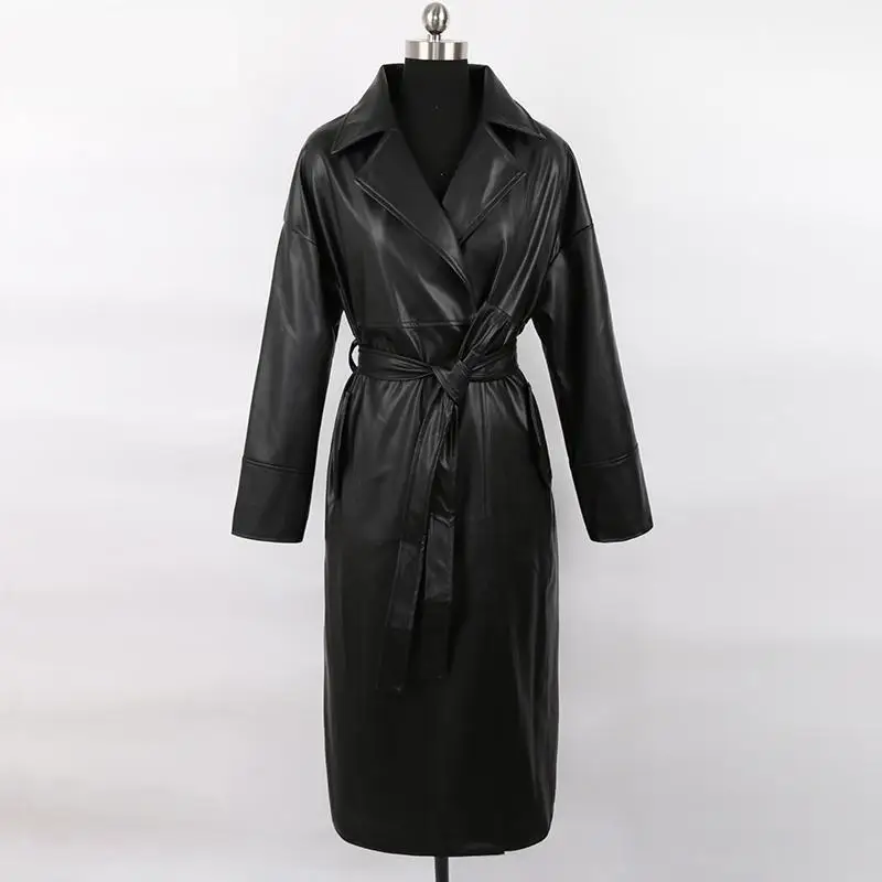 Women's Long Double Breasted Thin and long windbreaker with waistband and fashionable Pu Leather Coat For Spring and Autumn