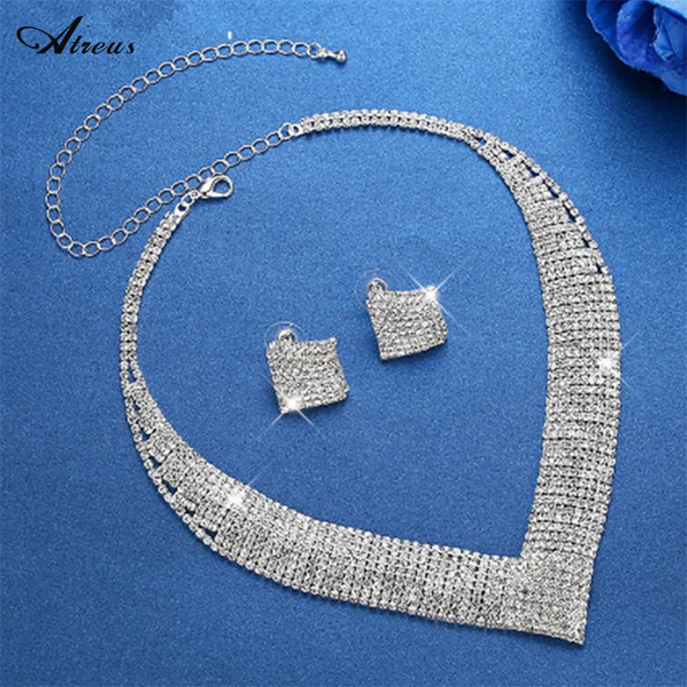 

Silver Plated Luxury Full Filling Rhinestone V shape Choker Necklace Square Earrings Set Crystal Bridal Wedding Jewelry Set Gift