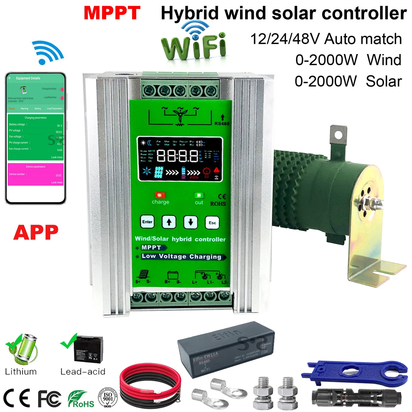 

3000W 12 24 48V MPPT Hybrid Charge Controller Wind Generator Solar Panel Charger LCD Display Dump Load For Household Systems