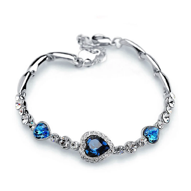 

5 Colors Fashion Ocean Crystal Rhinestone Stainless Steel Clasp Heart Bracelet For Women Femme Girl Gift Bracelet & Bangle