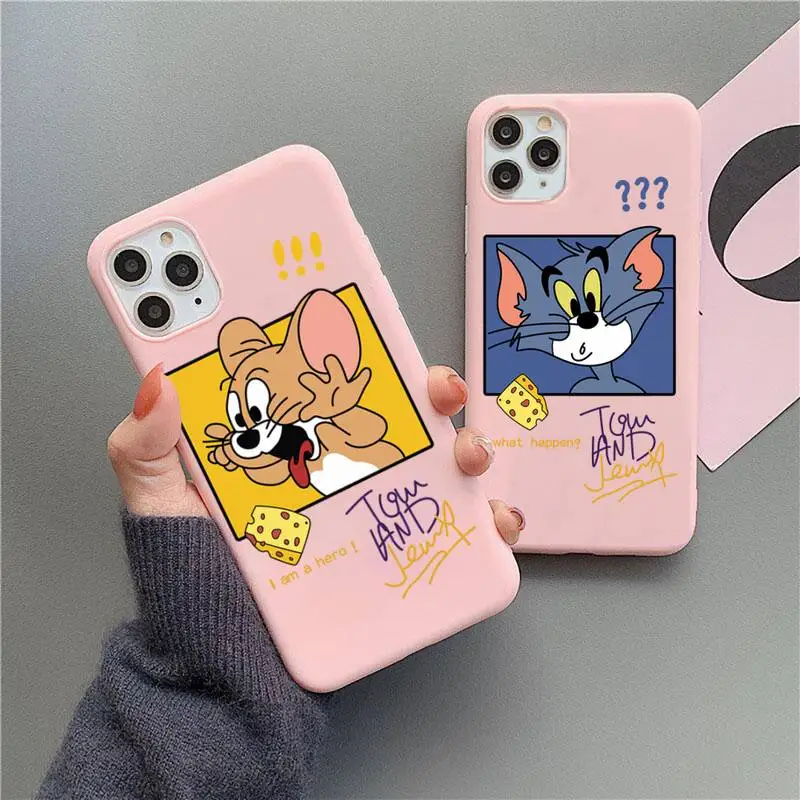 

Funny Cartoon mouse tom Jerry Phone Case For iphone 13 12 11 Pro Max Mini XS 8 7 6 6S Plus X SE 2020 XR Matte Candy Pink cover