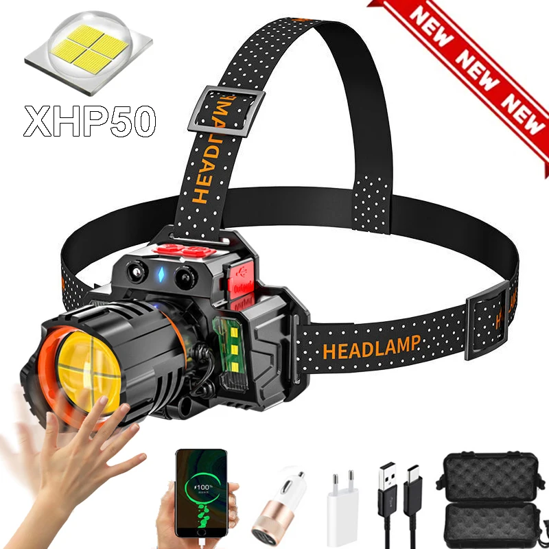 

60000Lumens Motion Sensor Led Headlight 5Modes Flood Light Headlamp COB Head Lamp Power Bank Fishing Light with built in Battery