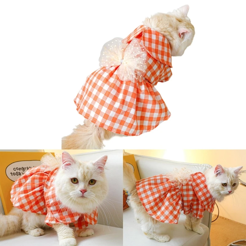 

Lovely Puppy Bow Dress Plaids Orange Dress Dog Princess Skirt Spring