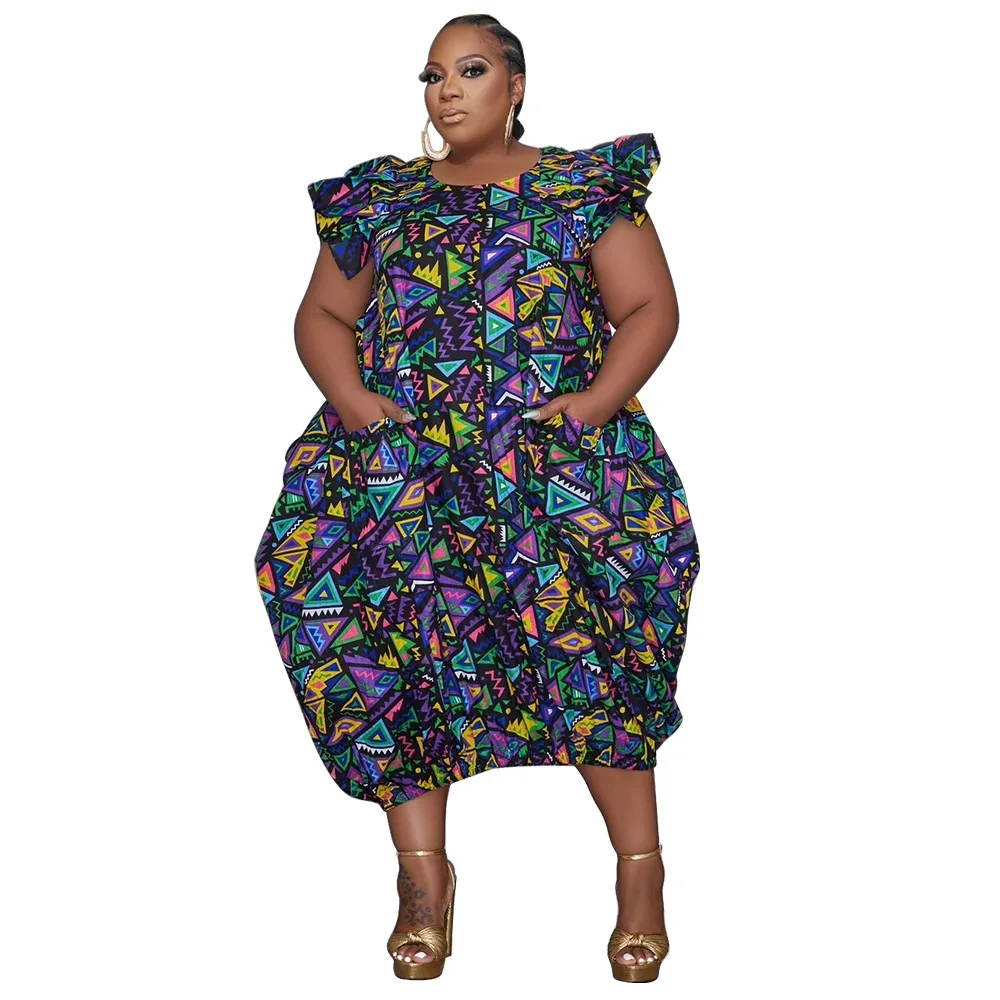 Plus Size Print Loose Dress For Chubby Women Puff Sleeve Cloth Lady Casual Luxury Ball Gown 2023 Summer Trendy 5xl New In Dress