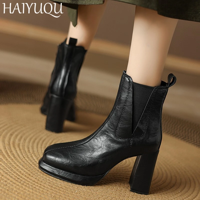 Женские кожаные ботильоны на высоком каблуке Дизайнерские повседневные теплые