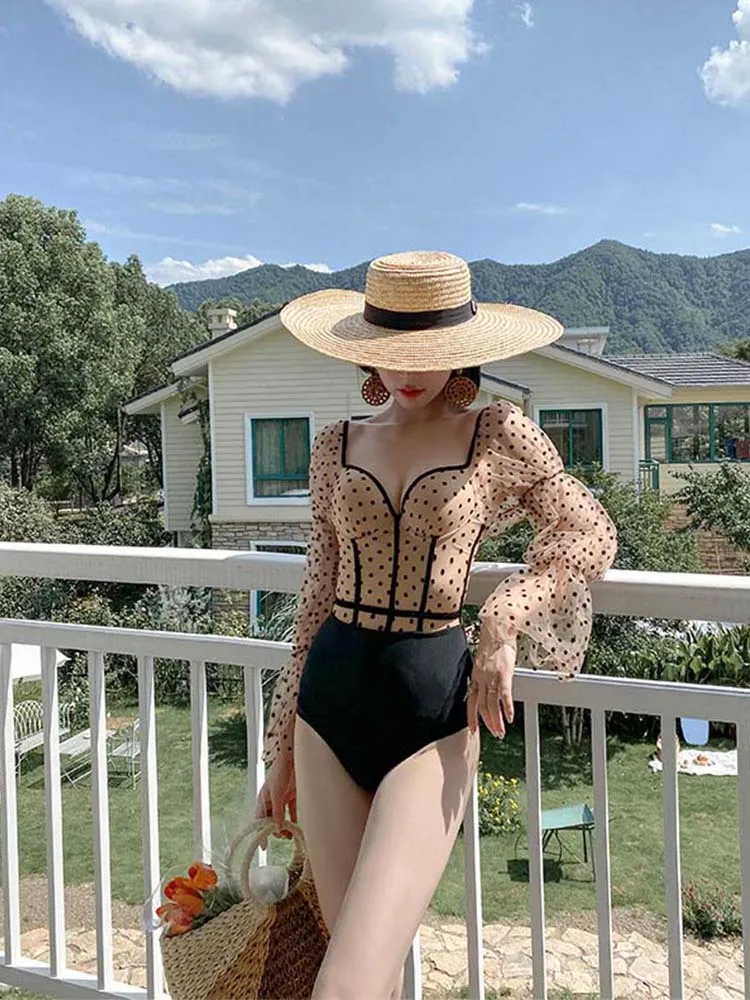 Цельный купальный костюм с длинным рукавом женская одежда для плавания в горошек