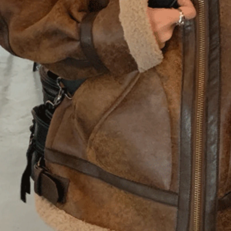 Lamb Coat Women's Autumn And Winter 22new Loose Thickened Zipper Solid Color Straight Fur One Motorcycle Clothing Leather Jacket