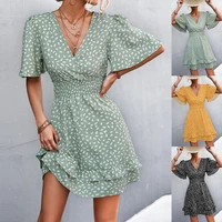 womens floral dress summer boho beach sun dress ladies ruffle short sleeve a line mini dress holiday sexy midi size dress