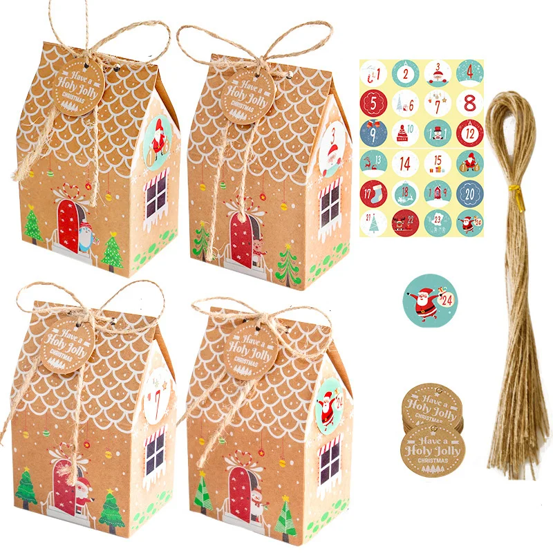 

24pcs Christmas House Shape Candy Box Kraft Paper Christmas Gift Box Cookie Bags Packaging Boxes new year 2023 Navidad gift deco