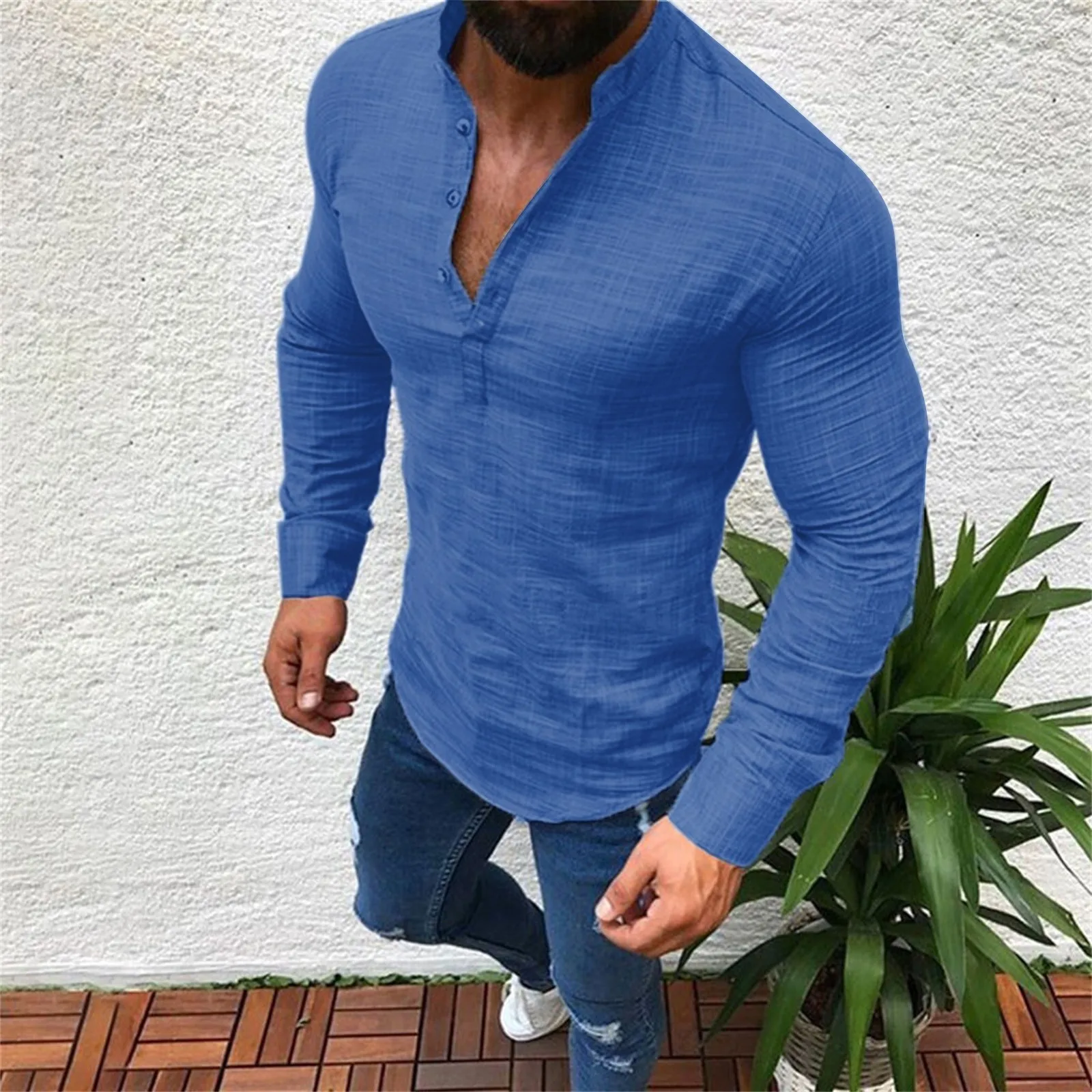 

Fashion Tee Men Linen Long Sleeve Tops Shirt V Neck Button Up Shirt Male Casual Business Fit Top Mesh Sleeve Adult Romper Men