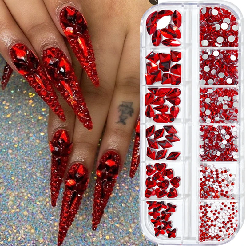 

780/1000Pcs Red Mixed Size Rhinestone Decoration Diamonds AB Flatback 3D Shiny Nail Crystal Boxed Laser Glitter Strass*