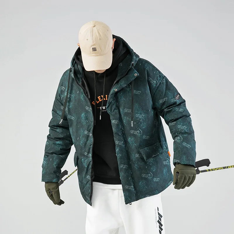 Japanese Fashion Hooded Cotton Jacket Men 2022 Winter Printing Thickened Warm  Jackets Outdoor Sports Loose Coat Men Parkas