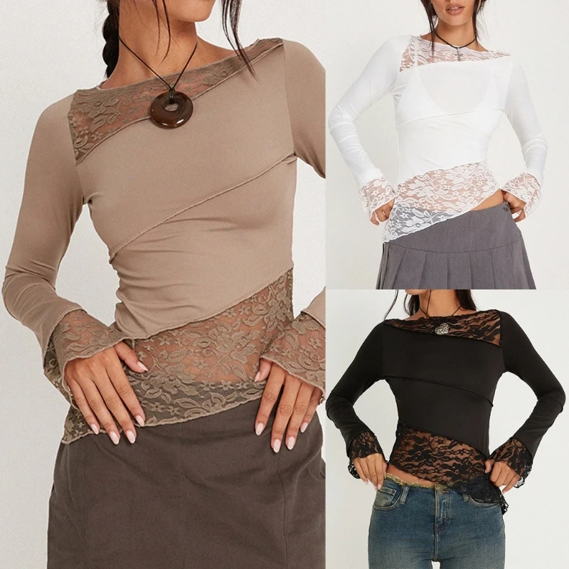 

Women Crew Neck T-Shirt Fashion Patchwork Shirt All-matching Shirt Top Female Long Sleeves Casual T-Shirt for Daily