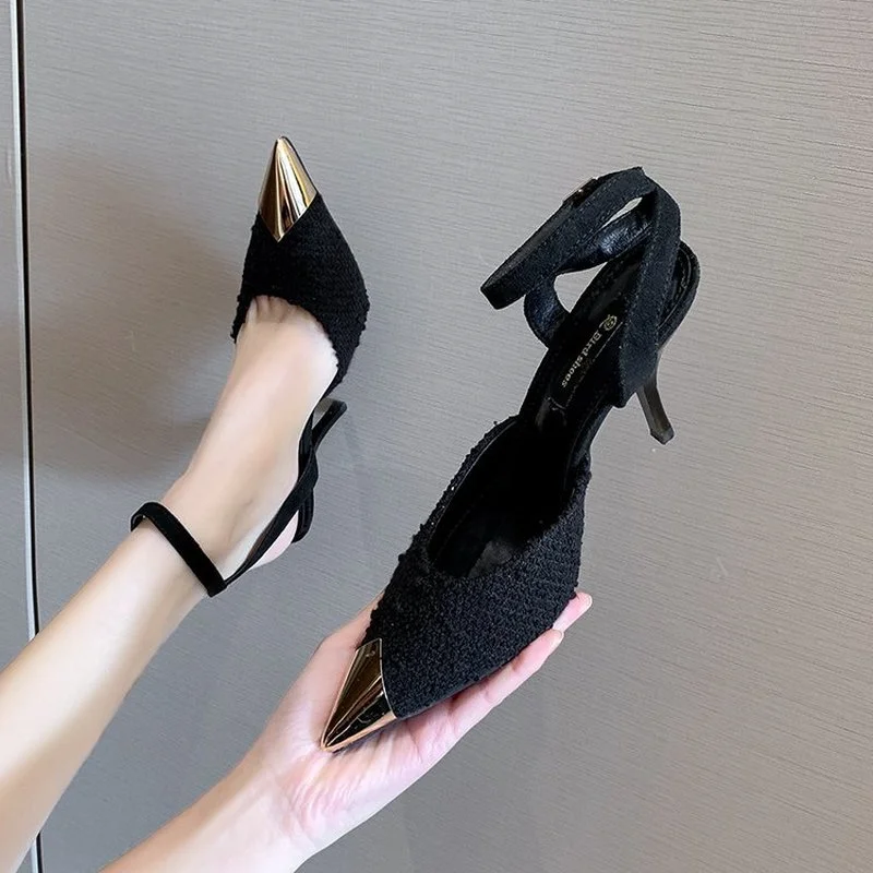 

2022 New Women's Shoes Pointed Toe Shallow Nude Pink Diamond Shoes Low Heel Back Strappy Shoes Women