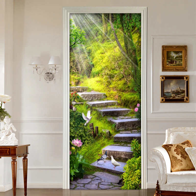 

Forest Landscape 3D Door Stickers Home Decor Modern PVC Waterproof Self-adhesive Sticker Living Room Door Mural Papel De Parede