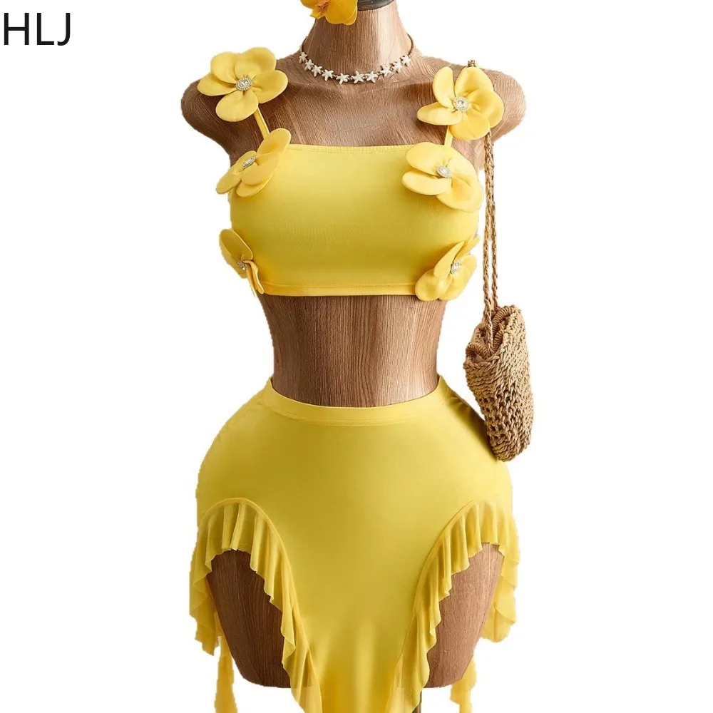 Женский комплект бикини HLJ Solid Yellow с 3D цветочными аппликациями, состоящий из топа на тонких бретелях и облегающей юбки с высокой талией. (art.: 3920db29f6dec) - 3920db29f6dec