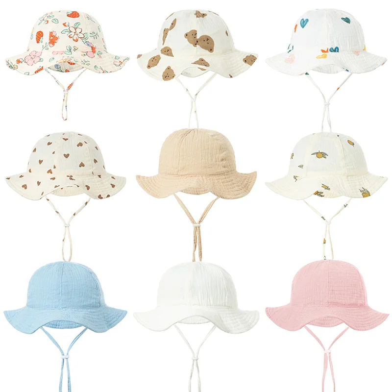 

Cotton Baby Bucket Hat Muslin Children Outdoor Sunscreen Caps Boys Girls Print Panama Hat Beach Travel Fishing Hat 3-12 Months
