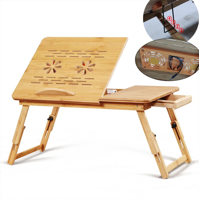 

Bamboo Laptop Desk Cooling Fan Adjustable Portable writing table Multifunctional Computer Table Board Desk Folding with Drawer