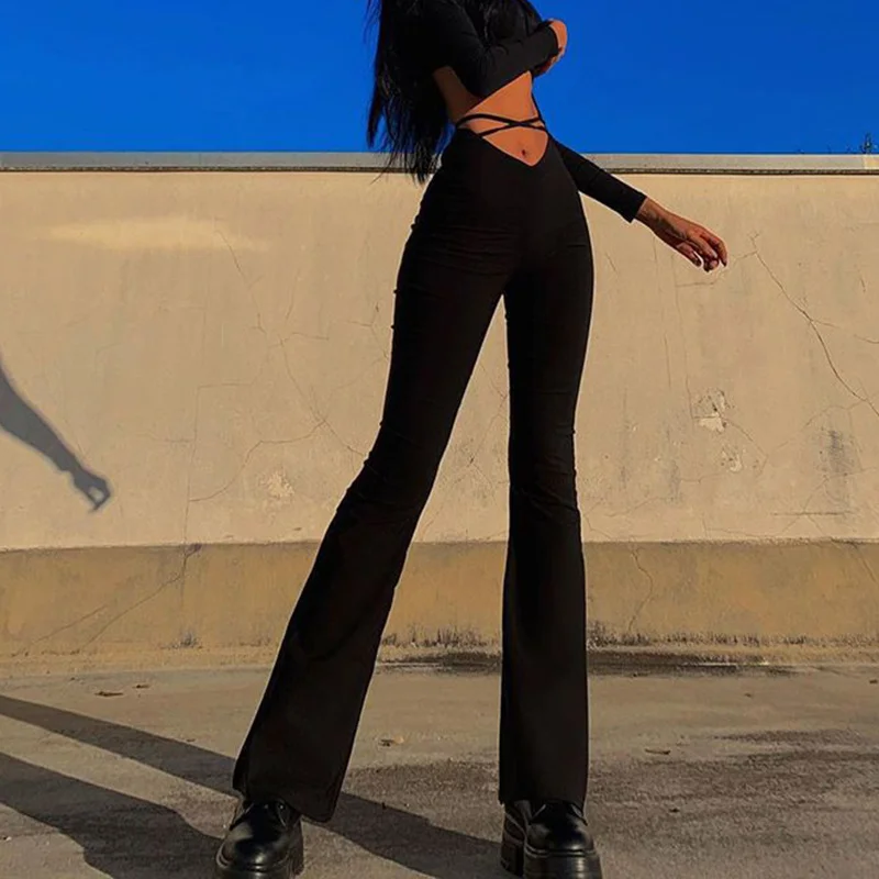 

Black Sexy High Waist Skinny Pants Women Fashion Slim Fit Lace Up Flare Pants Female Elastic Bodycon Wide Leg Trousers
