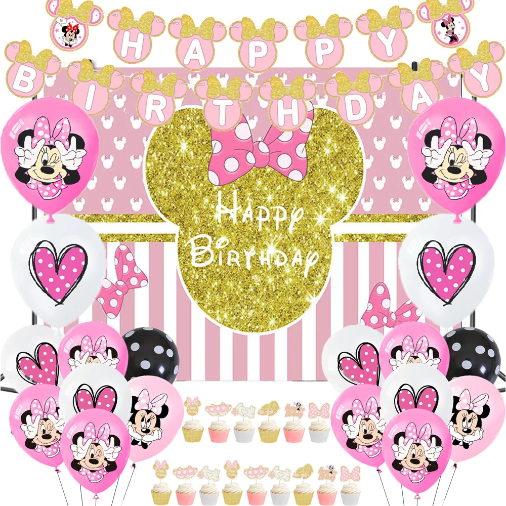 

34Pcs Disney Minnie Mouse Balloon Background cloth cake topper for Girls Birthday Party Decorations Baby Shower Supplies Set