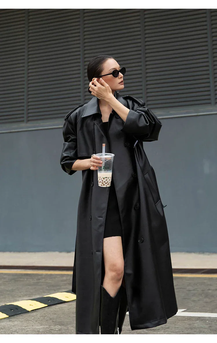 Женская длинная куртка из искусственной кожи осенне-зимний Дамский тренчкот с