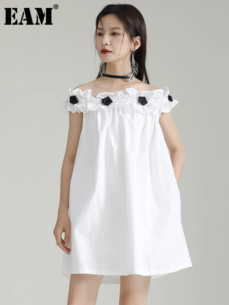 

[EAM] Women White Three-dimensional Flower Mini Dress New Slash Neck Sleeveless Fit Fashion Tide Spring Summer 2023 1DF9452